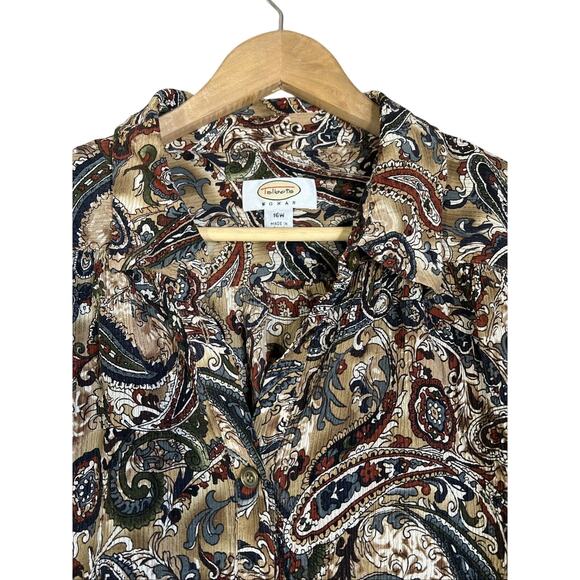 Talbots Blouse Size 16W Tan Crinkle Silk Paisley Metallic Button Up Collared - Picture 3 of 9